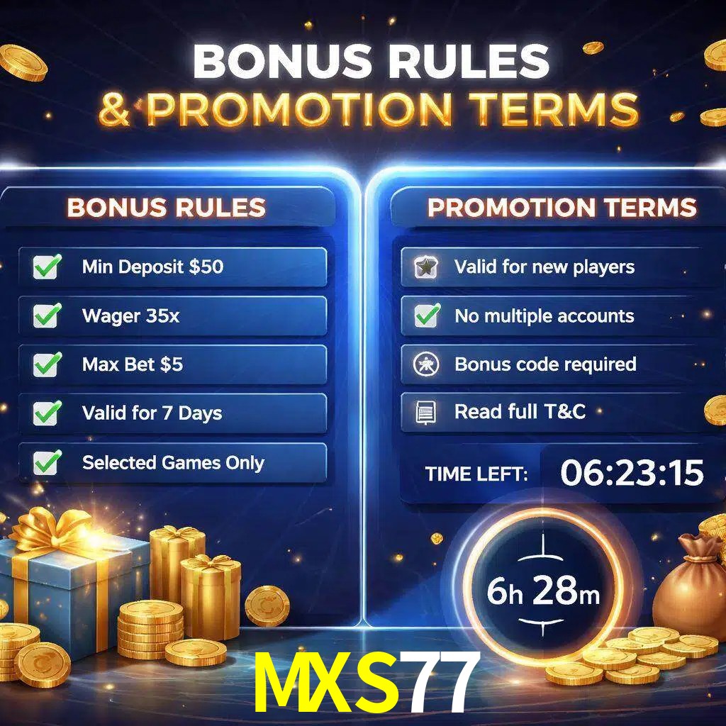 Reglas de promoción MXS77 y condiciones de bonos explicadas visualmente