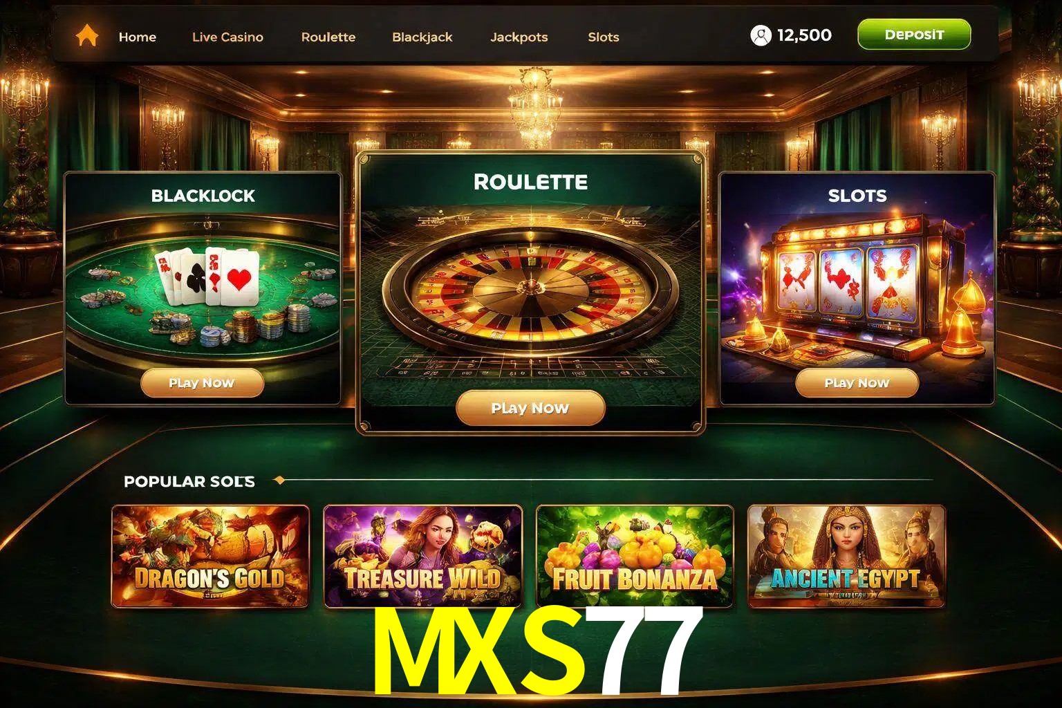 Vista de la plataforma MXS77 Casino mostrando categorías organizadas de juegos en línea