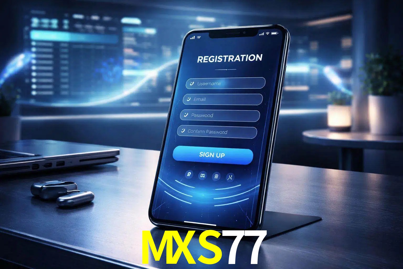 Una interfaz moderna de registro móvil para MXS77 mostrada en un smartphone con un panel de apuestas elegante.